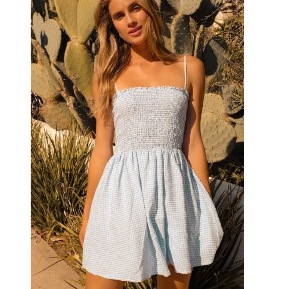 NWOT Lulu's Treat Me Right Light Blue Gingham Blue White Smocked Mini Dress XS